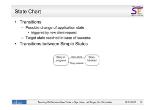 State Chart
  Transitions
  –  Possible change of application state
        triggered by new client request
  –  Target state reached in case of success
  Transitions between Simple States




            Teaching Old Services New Tricks – Olga Liskin, Leif Singer, Kurt Schneider   28.03.2011   12
 