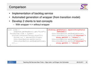 Comparison
    Implementation of backlog service
    Automated generation of wrapper (from transition model)
    Develop 2 clients to test concepts
     –  With wrapper <-> without wrapper

List links =                                           if(story.getStatus().equals(StoryStatus
      response.getHeaders().get("Link");                        .Defined)){
  for(String link : links){                                this.startButton.setEnabled(true);
    if(link.contains("story.start")){                      this.startButton.setUri("/stories/"+
      String uri = extractUri(link);                            story.getId() + "/start");
      this.startButton.setUri(uri);                        this.blockButton.setEnabled(true);
      this.startButton.setEnabled(true);                   this.blockButton.setUri("/stories/"+
    }//...                                                      story.getId() + "/block")
  }                                                      }




               Teaching Old Services New Tricks – Olga Liskin, Leif Singer, Kurt Schneider   28.03.2011   20
 