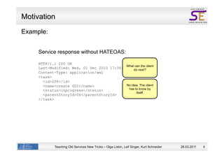 Motivation
Example:


     Service response without HATEOAS:

     HTTP/1.1 200 OK
                                            What can the client
     Last-Modified: Wed, 01 Dec 2010 17:36:02 GMT next?
                                                 do
     Content-Type: application/xml
     <task>
       <id>208</id>
       <name>create GUI</name>              No idea. The client
       <status>inprogress</status>            has to know by
                                                   itself.
       <parentStoryId>04</parentStoryId>
     </task>




             Teaching Old Services New Tricks – Olga Liskin, Leif Singer, Kurt Schneider   28.03.2011   4
 