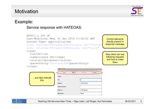 Motivation
Example:
     Service response with HATEOAS:

     HTTP/1.1 200 OK
     Last-Modified: Wed, 01 Dec 2010 17:36:02 GMT                                Control elements
     Content-Type: application/xml                                               directly present in
     Link: <stories/04/tasks/208/finish>; rel=“finish”                          response message.
     Link: <stories/04/tasks/208/block>; rel=“block”
     <task>
       <id>208</id>                                                             Now client can see
       <name>create GUI</name>                                                  following requests
       <status>inprogress</status>                                               and how to make
                                                                                       them
       <parentStory>/stories/04</parentStory>
     </task>



        …and also indicate
              this




            Teaching Old Services New Tricks – Olga Liskin, Leif Singer, Kurt Schneider                28.03.2011   5
 