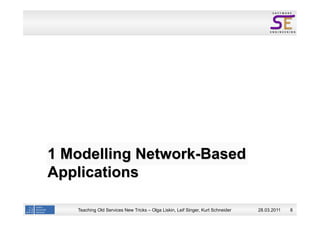 1 Modelling Network-Based
Applications

   Teaching Old Services New Tricks – Olga Liskin, Leif Singer, Kurt Schneider   28.03.2011   8
 