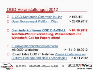 OGD-Veranstaltungen 2012
 2. OGD-Konferenz Österreich in Linz                   > HEUTE!
 Open Government Plattform Wien                        > 28.06.2012

 Dreiländerkonferenz OGD D-A-CH-LI > 04.10.2012
  Win-Win-Win für Verwaltung, Wissenschaft und
  Wirtschaft! Call for Papers offen!

 5. Umweltbeobachtungskonferenz
  mit OGD-Workshop                    > 18./19.10.2012
 Round Table OGD im Rahmen Vienna Conference on
  Cultural Heritage and New Technologies > 6.11.2012

      26.06.2012   MD-OS/IKT – Office of the CIO   21
 