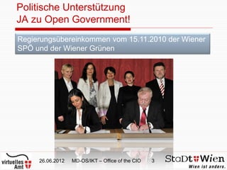 Politische Unterstützung
JA zu Open Government!
Regierungsübereinkommen vom 15.11.2010 der Wiener
SPÖ und der Wiener Grünen




     26.06.2012   MD-OS/IKT – Office of the CIO   3
 