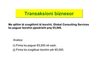 Transaksioni biznesorTransaksioni biznesor
Me qëllim të zvogëlimit të borxhit, Global Consulting Services
ka paguar borxhin pjesërisht prej €5,000.
(i) Firma ka paguar €5,000 në cash.
(j) Firma ka zvogëluar borxhin për €5,000.
Analiza:
 