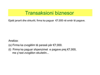 Analiza:
(s) Firma ka zvogëlim të parasë për €7,000.
(t) Firma ka paguar shpenzimet e pagave prej €7,000,
me ç’rast zvogëlon ekuitetin...
Transaksioni biznesor
Gjatë janarit dhe shkurtit, firma ka paguar €7,000 në emër të pagave.
 