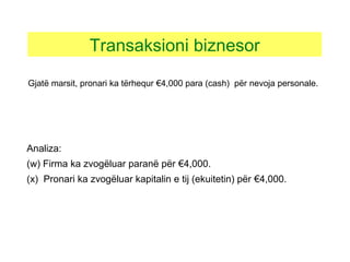 Analiza:
(w) Firma ka zvogëluar paranë për €4,000.
(x) Pronari ka zvogëluar kapitalin e tij (ekuitetin) për €4,000.
Transaksioni biznesor
Gjatë marsit, pronari ka tërhequr €4,000 para (cash) për nevoja personale.
 