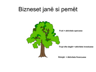 Rrënjët = Aktivitete financuese
Trupi dhe degët = aktivitete investuese
Fruti = aktivitete operuese
Bizneset janë si pemët
 