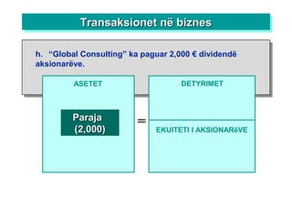 ASETET
=
DETYRIMET
ParajaParaja
(2,000)(2,000) EKUITETI I AKSIONARëVE
Transaksionet në biznesTransaksionet në biznesTransaksionet në biznesTransaksionet në biznes
h. “Global Consulting” ka paguar 2,000 € dividendë
aksionarëve.
 