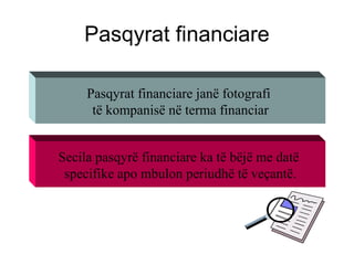 Pasqyrat financiare
Pasqyrat financiare janë fotografi
të kompanisë në terma financiar
Secila pasqyrë financiare ka të bëjë me datë
specifike apo mbulon periudhë të veçantë.
 
