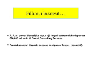  A. A. (si pronar biznesi) ka hapur një llogari bankare duke deponuar
€90,000 në emër të Global Consulting Services.
 Pronari posedon biznesin sepse ai ka siguruar fondet (pasurinë).
Fillimi i biznesit. . .
 