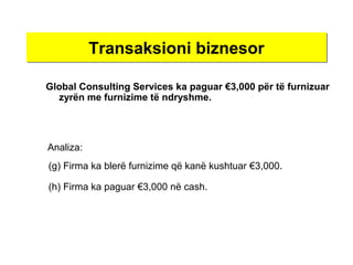 Transaksioni biznesorTransaksioni biznesor
Global Consulting Services ka paguar €3,000 për të furnizuar
zyrën me furnizime të ndryshme.
(g) Firma ka blerë furnizime që kanë kushtuar €3,000.
(h) Firma ka paguar €3,000 në cash.
Analiza:
 