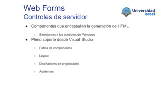 Web Forms
Controles de servidor
● Componentes que encapsulan la generación de HTML
○ Semejantes a los controles de Windows
● Pleno soporte desde Visual Studio
○ Paleta de componentes
○ Layout
○ Diseñadores de propiedades
○ Asistentes
 