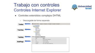 Trabajo con controles
Controles Internet Explorer
● Controles extendidos complejos DHTML
○ Descargable de forma separada
Toolbar
TreeView
TabStrip
MultiPage
 