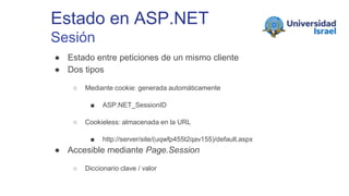 Estado en ASP.NET
Sesión
● Estado entre peticiones de un mismo cliente
● Dos tipos
○ Mediante cookie: generada automáticamente
■ ASP.NET_SessionID
○ Cookieless: almacenada en la URL
■ http://server/site/(uqwfp455t2qav155)/default.aspx
● Accesible mediante Page.Session
○ Diccionario clave / valor
 