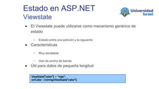 Estado en ASP.NET
Viewstate
● El Viewstate puede utilizarse como mecanismo genérico de
estado
○ Estado entre una petición y la siguiente
● Características
○ Muy escalable
○ Uso de ancho de banda
● Útil para datos de pequeña longitud
ViewState["color"] = “rojo";
strColor =(string)ViewState["color"];
 