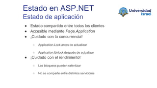 Estado en ASP.NET
Estado de aplicación
● Estado compartido entre todos los clientes
● Accesible mediante Page.Application
● ¡Cuidado con la concurrencia!
○ Application.Lock antes de actualizar
○ Application.Unlock después de actualizar
● ¡Cuidado con el rendimiento!
○ Los bloqueos pueden ralentizar
○ No se comparte entre distintos servidores
 