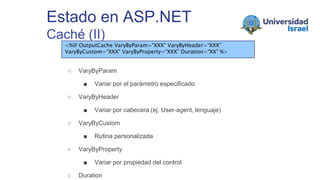 Estado en ASP.NET
Caché (II)
○ VaryByParam
■ Variar por el parámetro especificado
○ VaryByHeader
■ Variar por cabecera (ej. User-agent, lenguaje)
○ VaryByCustom
■ Rutina personalizada
○ VaryByProperty
■ Variar por propiedad del control
○ Duration
<%@ OutputCache VaryByParam=“XXX“ VaryByHeader=“XXX”
VaryByCustom=“XXX” VaryByProperty=“XXX” Duration=“XX" %>
 