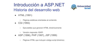 Introducción a ASP.NET
Historia del desarrollo web
● HTML (1991)
○ Páginas estáticas orientadas al contenido
● CGI (1993)
○ Ejecutables que generan HTML dinámicamente
○ Versión mejorada: ISAPI
● ASP (1996), PHP (1997), JSP (1999)
○ Páginas HTML que incluyen código script dinámico
 