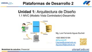 Unidad 1: Arquitectura de Diseño
1.1 MVC (Modelo Vista Controlador)-Desarrollo
Plataformas de Desarrollo 2
Modalidad de estudios: Presencial
Mg. Luis Fernando Aguas Bucheli
+593 984015184
@Aguaszoft
Laguas@uisrael.edu.ec
Aguaszoft@outlook.es
 