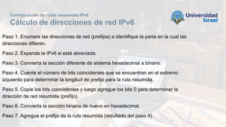 Configuración de rutas resumidas IPv6
Cálculo de direcciones de red IPv6
Paso 1. Enumere las direcciones de red (prefijos) e identifique la parte en la cual las
direcciones difieren.
Paso 2. Expanda la IPv6 si está abreviada.
Paso 3. Convierta la sección diferente de sistema hexadecimal a binario.
Paso 4. Cuente el número de bits coincidentes que se encuentran en el extremo
izquierdo para determinar la longitud de prefijo para la ruta resumida.
Paso 5. Copie los bits coincidentes y luego agregue los bits 0 para determinar la
dirección de red resumida (prefijo).
Paso 6. Convierta la sección binaria de nuevo en hexadecimal.
Paso 7. Agregue el prefijo de la ruta resumida (resultado del paso 4).
 