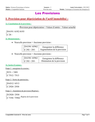 Option : Sciences Économique et Gestion
Matière : Comptabilité Générale

Semestre : 2
Prise des notes

Année Universitaire : 2012/2013
Module : Techniques et Economie des Entreprises II

Les Provisions
I- Provision pour dépréciation de l’actif immobilisé :
1)- Constitution de la provision :

Provision pour dépréciation = Valeur d’entrée – Valeur actuelle
D 6191 / 6192 /6193

C 28  
2)- Réajustement :

 Nouvelle provision > Ancienne provision :
D 6194 / 65962

C 292  / 293 

Enregistrer la différence
Augmentation de la provision

 Nouvelle provision < Ancienne provision :
D 6194 / 65962

C 292  / 293 

Enregistrer la différence
Diminution de la provision

3)- Sortie (Cession) :
Etape 1 : enregistrer la cession :

D 51  / 3481

C 7512 / 7513
Etape 2 : Sortie du patrimoine :

D 6512 / 6513

C 2920 / 2930
Etape 2 : Annulation de provision (Reprise) :

D 2920 / 2930
Reprise de la provision

C 7194 / 75962

Comptabilité Générale II – Prise des notes

Page 7 sur 9

 