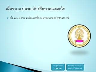  เมื่อจบม.ปลาย จะเรียนต่อที่คณะแพทยศาสตร์ จุฬาลงกรณ์ 
กลับสู่หน้าหลัก 
(Home) 
คณะและมหาวิทยาลัย 
ที่ต้องการไปศึกษาต่อ 
 