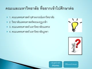  1. คณะแพทยศาสตร์ จุฬาลงกรณ์มหาวิทยาลัย 
 2. วิทยาลัยแพทยศาสตร์พระมงกุฎเกล้า 
 3. คณะแพทยศาสตร์ มหาวิทยาลัยนเรศวร 
 4. คณะแพทยศาสตร์ มหาวิทยาลัยบูรพา 
กลับสู่หน้าหลัก 
(Home) 
วิดีโอแนะนาตนเอง 
 