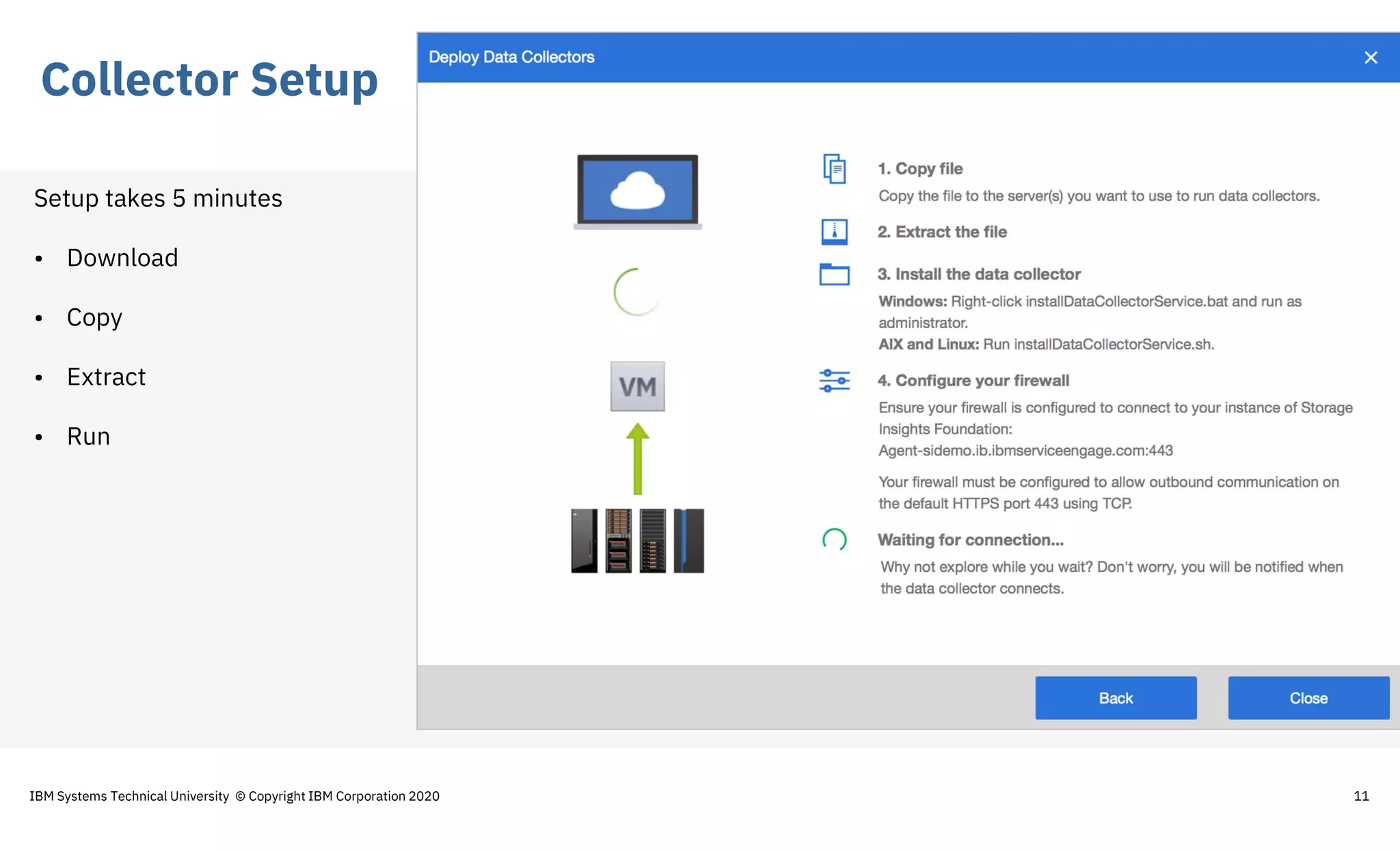 Collector Setup
11
Setup takes 5 minutes
• Download
• Copy
• Extract
• Run
IBM Systems Technical University © Copyright IBM Corporation 2020
 