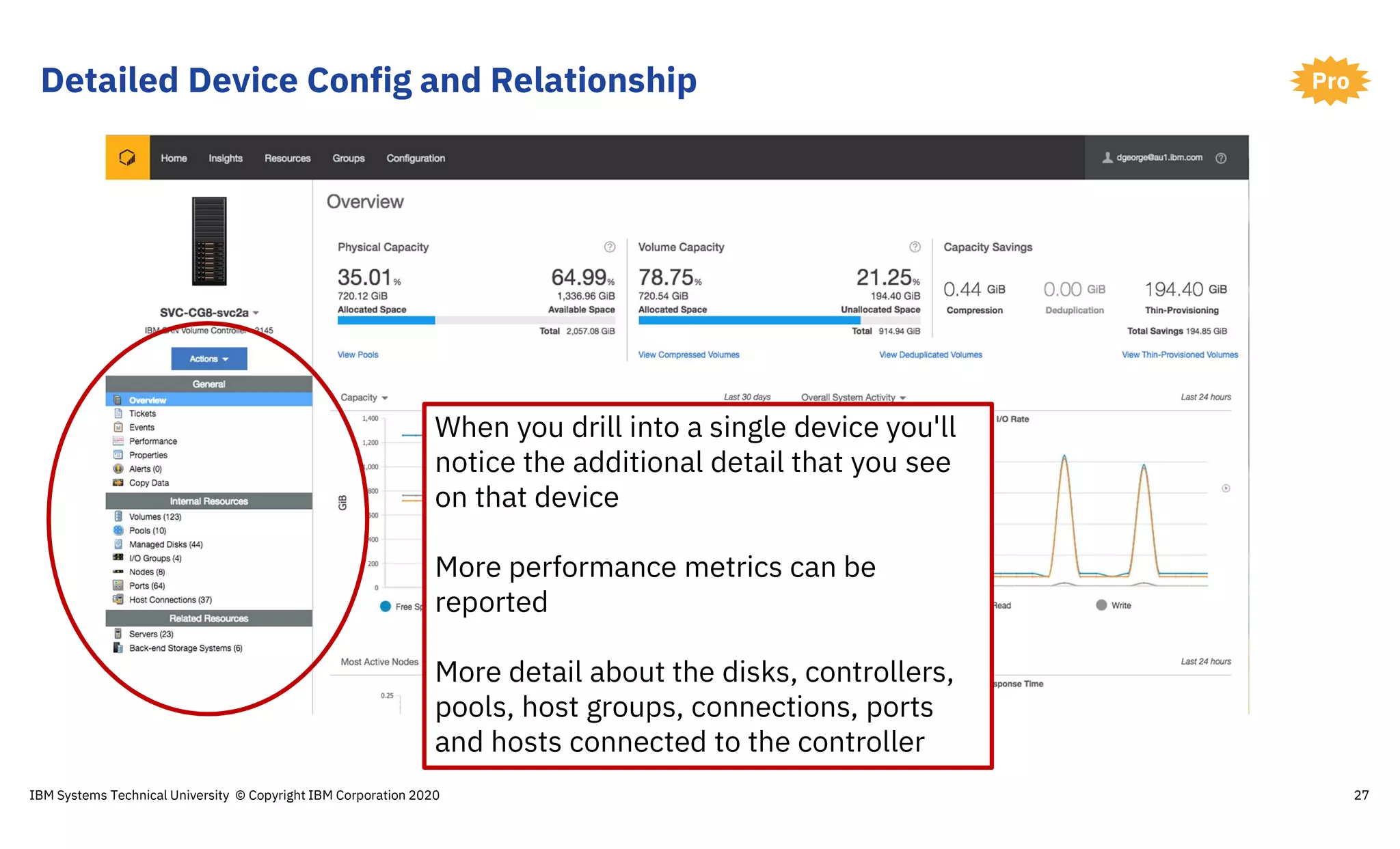 Detailed Device Config and Relationship
27
Pro
When you drill into a single device you'll
notice the additional detail that you see
on that device
More performance metrics can be
reported
More detail about the disks, controllers,
pools, host groups, connections, ports
and hosts connected to the controller
IBM Systems Technical University © Copyright IBM Corporation 2020
 