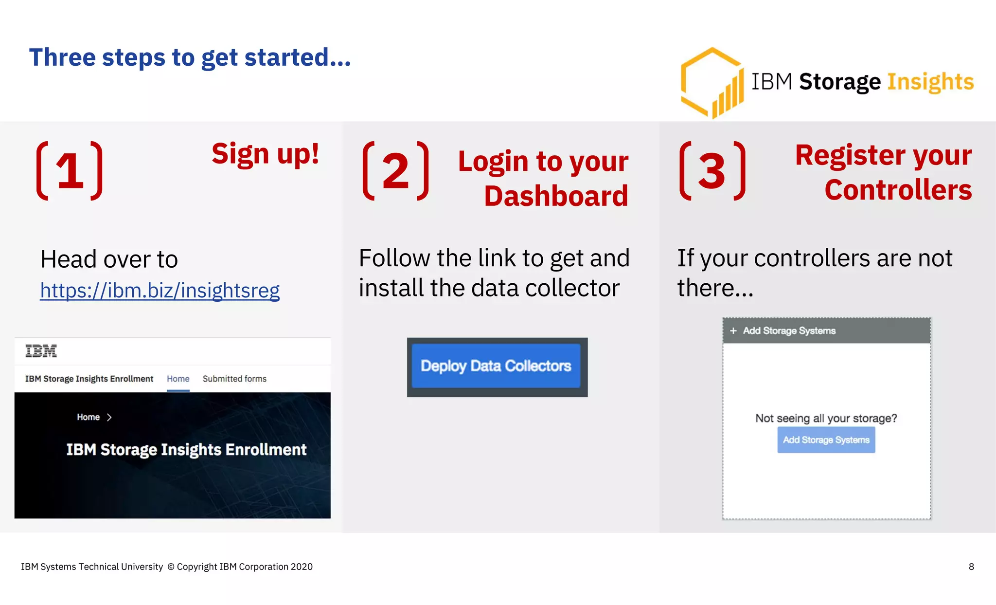 Three steps to get started…
8
Head over to
https://ibm.biz/insightsreg
Follow the link to get and
install the data collector
If your controllers are not
there…
1 2 3Sign up! Login to your
Dashboard
Register your
Controllers
IBM Systems Technical University © Copyright IBM Corporation 2020
 