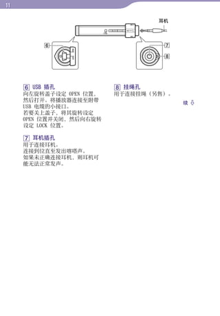 11

                                 耳机




                                             目录
                                             菜单
                                             索引
      USB 插孔             挂绳孔
     向左旋转盖子设定 OPEN 位置，   用于连接挂绳（另售）。
     然后打开。将播放器连接至附带                    续 
     USB 电缆的小接口。
     若要关上盖子，将其旋转设定
     OPEN 位置并关闭，然后向右旋转
     设定 LOCK 位置。

      耳机插孔
     用于连接耳机。
     连接到位直至发出喀嗒声。
     如果未正确连接耳机，则耳机可
     能无法正常发声。
 