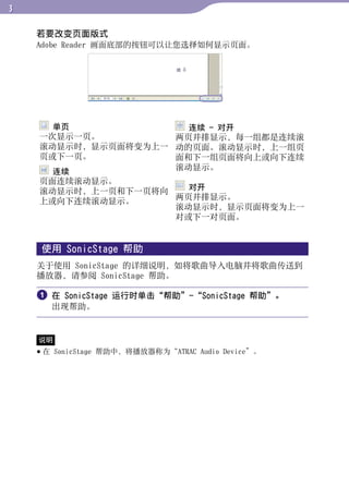 若要改变页面版式
    Adobe Reader 画面底部的按钮可以让您选择如何显示页面。




                                                     目录
                                                     菜单
      单页              连续 - 对开




                                                     索引
    一次显示一页。         两页并排显示，每一组都是连续滚
    滚动显示时，显示页面将变为上一 动的页面。滚动显示时，上一组页
    页或下一页。          面和下一组页面将向上或向下连续
      连续
                    滚动显示。
    页面连续滚动显示。
    滚动显示时，上一页和下一页将向   对开
    上或向下连续滚动显示。     两页并排显示。
                    滚动显示时，显示页面将变为上一
                    对或下一对页面。


     使用 SonicStage 帮助
    关于使用 SonicStage 的详细说明，如将歌曲导入电脑并将歌曲传送到
    播放器，请参阅 SonicStage 帮助。

     在 SonicStage 运行时单击“帮助”-“SonicStage 帮助”。
       出现帮助。


    说明
     在 SonicStage 帮助中，将播放器称为“ATRAC Audio Device”。
 