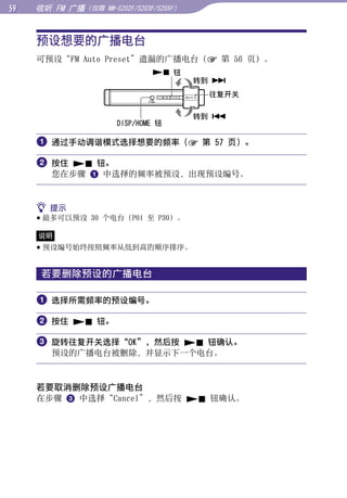 收听 FM 广播（仅限   NW-S202F/S203F/S205F）




     预设想要的广播电台




                                                   目录
     可预设“FM Auto Preset”遗漏的广播电台（ 第 56 页）。
                                 钮
                                           转到 




                                                   菜单
                                            往复开关

                                           转到 
                     DISP/HOME 钮




                                                   索引
      通过手动调谐模式选择想要的频率（ 第 57 页）。

      按住  钮。
       您在步骤  中选择的频率被预设，出现预设编号。


      提示
      最多可以预设 30 个电台（P01 至 P30）。

     说明
      预设编号始终按照频率从低到高的顺序排序。


     若要删除预设的广播电台

      选择所需频率的预设编号。

      按住  钮。

      旋转往复开关选择“OK”，然后按  钮确认。
       预设的广播电台被删除，并显示下一个电台。



     若要取消删除预设广播电台
     在步骤  中选择“Cancel”，然后按  钮确认。
 