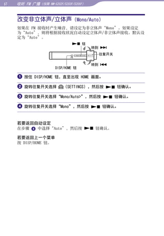 1   收听 FM 广播（仅限   NW-S202F/S203F/S205F）




     改变非立体声/立体声 (Mono/Auto)




                                                   目录
     如果在 FM 接收时产生噪音，请设定为非立体声“Mono”。如果设定
     为“Auto”，则将根据接收状况自动设定立体声/非立体声接收。默认设
     定为“Auto”。




                                                   菜单
                                 钮
                                           转到 
                                            往复开关




                                                   索引
                                           转到 
                      DISP/HOME 钮

      按住 DISP/HOME 钮，直至出现 HOME 画面。

      旋转往复开关选择           （SETTINGS），然后按  钮确认。

      旋转往复开关选择“Mono/Auto”，然后按  钮确认。

      旋转往复开关选择“Mono”，然后按  钮确认。


     若要返回自动设定
     在步骤  中选择“Auto”，然后按  钮确认。

     若要返回上一个菜单
     按 DISP/HOME 钮。
 