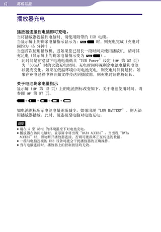 高级功能


     播放器充电




                                                 目录
     播放器连接到电脑即可充电。
     当将播放器连接到电脑时，请使用附带的 USB 电缆。




                                                 菜单
     当显示屏上的剩余电量指示显示为：         时，则充电完成（充电时
               *
     间约为 45 分钟 ）。
     当您首次使用播放机，或如果您已很长一段时间未使用播放机，请对其
     充足电（显示屏上的剩余电量指示变为         ）。




                                                 索引
     *
       此时间是在室温下电池电量低且“USB Power”设定（ 第 52 页）
       为“500mA”时的大致充电时间。充电时间将视剩余电池电量和电池
       状况而变化。如果在低温环境中对电池充电，则充电时间将延长。如
       果在充电过程中将音频文件传送到播放器，则充电时间也将延长。

     关于电池剩余电量指示
     显示屏（ 第 12 页）上的电池图标改变如下。关于电池使用时间，请
     参阅  第 87 页。



     如电池图标所示电池电量逐渐减少。如果出现“LOW BATTERY”，则无法
     用播放器播放。此时，请连接至电脑对电池充电。

     说明
      请在 5 至 35ºC 的环境温度下对电池充电。
      播放器在访问电脑时，显示屏中将出现“DATA ACCESS”。当出现“DATA
       ACCESS”时，切勿断开播放器连接，否则可能损坏正在传送的数据。
      一些与电脑连接的 USB 设备可能会干扰播放器的正确操作。
      当与电脑连接时，播放器上的控制按钮均无效。
 