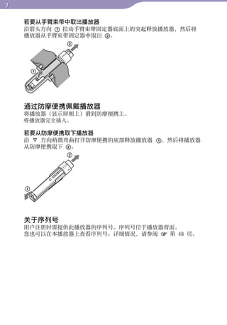 若要从手臂束带中取出播放器
    沿箭头方向  拉动手臂束带固定器底面上的突起释放播放器，然后将




                                         目录
    播放器从手臂束带固定器中取出 。




                                         菜单
                                         索引
    通过防摩便携佩戴播放器
    将播放器（显示屏朝上）滑到防摩便携上。
    将播放器完全插入。

    若要从防摩便携取下播放器
    沿  方向稍微弯曲打开防摩便携的底部释放播放器 ，然后将播放器
    从防摩便携取下 。




    关于序列号
    用户注册时需提供此播放器的序列号。序列号位于播放器背面。
    您也可以在本播放器上查看序列号。详细情况，请参阅  第 48 页。
 