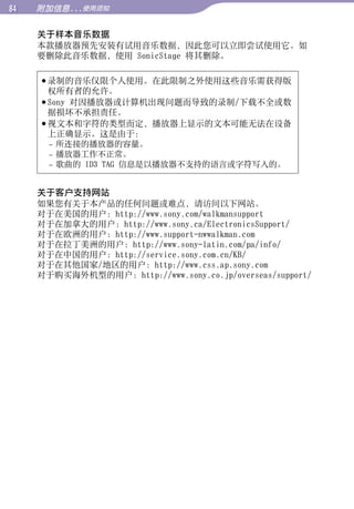 84   附加信息...使用须知


     关于样本音乐数据
     本款播放器预先安装有试用音乐数据，因此您可以立即尝试使用它。如




                                                           目录
     要删除此音乐数据，使用 SonicStage 将其删除。

      录制的音乐仅限个人使用。在此限制之外使用这些音乐需获得版




                                                           菜单
       权所有者的允许。
      Sony 对因播放器或计算机出现问题而导致的录制/下载不全或数
       据损坏不承担责任。
      视文本和字符的类型而定，播放器上显示的文本可能无法在设备




                                                           索引
       上正确显示。这是由于：
       – 所连接的播放器的容量。
       – 播放器工作不正常。
       – 歌曲的 ID3 TAG 信息是以播放器不支持的语言或字符写入的。


     关于客户支持网站
     如果您有关于本产品的任何问题或难点，请访问以下网站。
     对于在美国的用户：http://www.sony.com/walkmansupport
     对于在加拿大的用户：http://www.sony.ca/ElectronicsSupport/
     对于在欧洲的用户：http://www.support-nwwalkman.com
     对于在拉丁美洲的用户：http://www.sony-latin.com/pa/info/
     对于在中国的用户：http://service.sony.com.cn/KB/
     对于在其他国家/地区的用户：http://www.css.ap.sony.com
     对于购买海外机型的用户：http://www.sony.co.jp/overseas/support/
 
