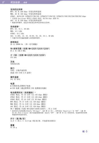 附加信息...规格

     支持的比特率
     MP3：32 至 320 kbps 可变比特率适用




                                                                                           目录
     WMA：32 至 192 kbps 可变比特率适用
     ATRAC：48/64/66 (ATRAC3)*/96/105 (ATRAC3)*/128/132 (ATRAC3)/160/192/256/320/352 kbps
     * 无法用 SonicStage 软件以 ATRAC3 格式、66/105 kbps 录制 CD。
     AAC：16 至 320 kbps 可变比特率适用*
     * 根据采样频率，也包含非标准比特率或非保证比特率。




                                                                                           菜单
     采样频率*
     MP3：32，44.1，48 kHz
     WMA：44.1 kHz
     ATRAC：44.1 kHz
     AAC：11.025，12，16，22.05，24，32，44.1，48 kHz




                                                                                           索引
     * 可能并非所有编码器都与采样频率相符。

     频率响应
     20 至 20000 Hz （单一信号测量）

     FM 频率范围（仅限 NW-S202F/S203F/S205F）
     87.5 至 108.0 MHz

     IF (FM)（仅限 NW-S202F/S203F/S205F）
     375 kHz

     天线
     耳机线天线

     接口
     耳机：立体声迷你型
     高速 USB（USB 2.0 适用）

     操作温度
     5°C 至 35°C

     电源
      内置充电式锂离子电池
      USB 电源（通过附带的 USB 电缆接自电脑）

     电池使用时间（连续播放）*
     ATRAC 格式：约 18 小时（以 132 kbps 播放）
     ATRAC 格式：约 17 小时（以 128 kbps 播放）
     ATRAC 格式：约 18 小时（以 48 kbps 播放）
     MP3 格式：约 17 小时（以 128 kbps 播放）
     WMA 格式：约 15 小时（以 128 kbps 播放）
     AAC 格式：约 18 小时（以 128 kbps 播放）
     FM 广播接收（仅限 NW-S202F/S203F/S205F）：约 5 小时
     * 此时间为当省电模式设定为“ON-Super”（ 第 54 页）、音质设定（Equalizer）为“OFF”（ 第
       33 页）并且 G Sensor（重力加速度感应器）设定为“OFF”（ 第 40 页）时的时间。电池持续时间将
       视温度和用途而变化。

     尺寸（宽/高/深）
     15.0 × 96.5 × 15.0 mm（宽/高/深，不包括突出部位）

     重量
     约 26 g

                                                                                   续 
 