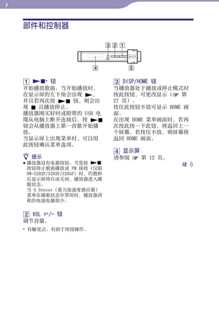 部件和控制器




                                                         目录
                                                         菜单
     * 钮                         DISP/HOME 钮




                                                         索引
    开始播放歌曲。当开始播放时，                 当播放器处于播放或停止模式时
    在显示屏的左下角会出现 ，                 按此按钮，可更改显示（ 第
    并且若再次按  钮，则会出                27 页）。
    现  且播放停止。                     按住此按钮不放可显示 HOME 画
    播放器刚买好时或附带的 USB 电              面。
    缆从电脑上断开连接后，按                 在出现 HOME 菜单画面时，若再
    钮会从播放器上第一首歌开始播                 次按此按一下此钮，将返回上一
    放。                             个屏幕，若按住不放，则屏幕将
    当显示屏上出现菜单时，可以用                 返回 HOME 画面。
    此按钮确认菜单选项。
                                    显示屏
     提示                           请参阅  第 12 页。
     播放器没有电源按钮。当您按                              续 
      按钮停止歌曲播放或 FM 接收（仅限
      NW-S202F/S203F/S205F）时，约数秒
      后显示屏将自动关闭，播放器进入睡
      眠状态。
      当 G Sensor（重力加速度感应器）
      菜单在睡眠状态中禁用时，播放器消
      耗的电池电量很少。

     VOL +*/- 钮
    调节音量。
    * 有触觉点。有助于按钮操作。
 