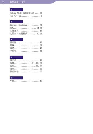 1   附加信息...索引


      V




                                      目录
     Volume Mode（音量模式）.... 30
     VOL +/- 钮.................. 9

      W




                                      菜单
     Windows Explorer........... 67
     WMA..................... 64 86
     往复开关................... 10
     文件夹（控制模式）..... 10, 29




                                      索引
     X
     显示屏..................... 12
     卸载....................... 80
     信息....................... 76
     序列号..................... 48

     Y
     演出者..................... 16
     音量................ 9, 30, 33
     音质................... 33, 34
     英里....................... 22
     预设调谐................... 57

     Z
     专辑....................... 17
 
