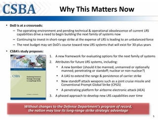 Why This Matters Now
• DoD is at a crossroads:
   – The operating environment and pending technical & operational obsolescence of current LRS
       capabilities drive a need to begin building the next family of systems now
    – Continuing to invest in short-range strike at the expense of LRS is leading to an unbalanced force
    – The next budget may set DoD’s course toward new LRS systems that will exist for 30-plus years
• CSBA’s study proposes:
                              1. A new framework for evaluating options for the next family of systems
                              2. Attributes for future LRS systems, including:
                                   • A new bomber (should it be manned, unmanned or optionally
                                      manned; penetrating or standoff; nuclear or non-nuclear?)
                                   • A UAS to extend the range & persistence of carrier strike
                                   • New standoff attack weapons such as a joint cruise missile and
                                      Conventional Prompt Global Strike (CPGS)
                                   • A penetrating platform for airborne electronic attack (AEA)
                              3. A phased approach to develop new LRS capabilities over time


            Without changes to the Defense Department’s program of record,
              the nation may lose its long-range strike strategic advantage
                                                                                                       5
 
