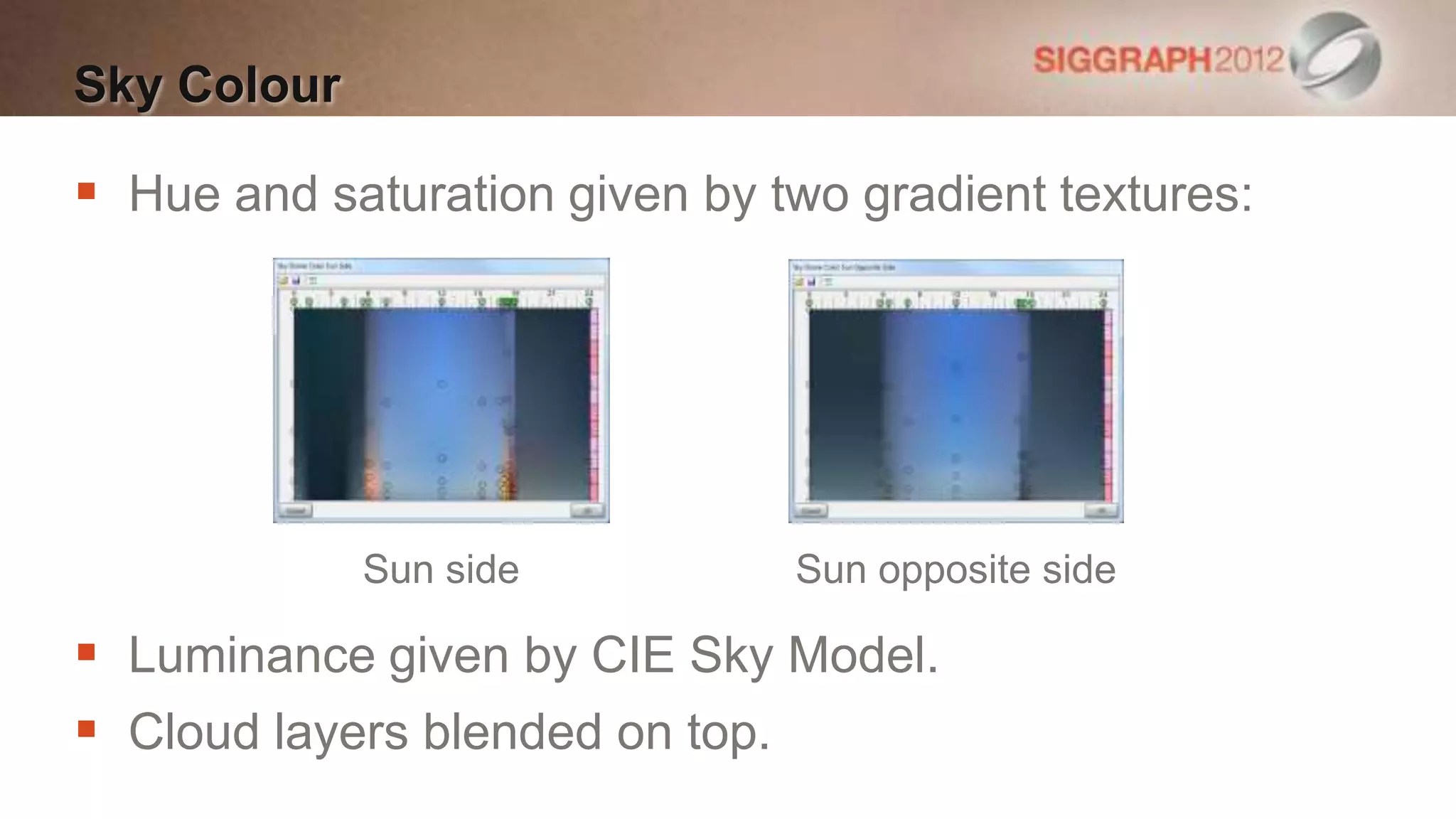 Sky Colour

 Hue and saturation given by two gradient textures:




             Sun side          Sun opposite side

 Luminance given by CIE Sky Model.
 Cloud layers blended on top.
 
