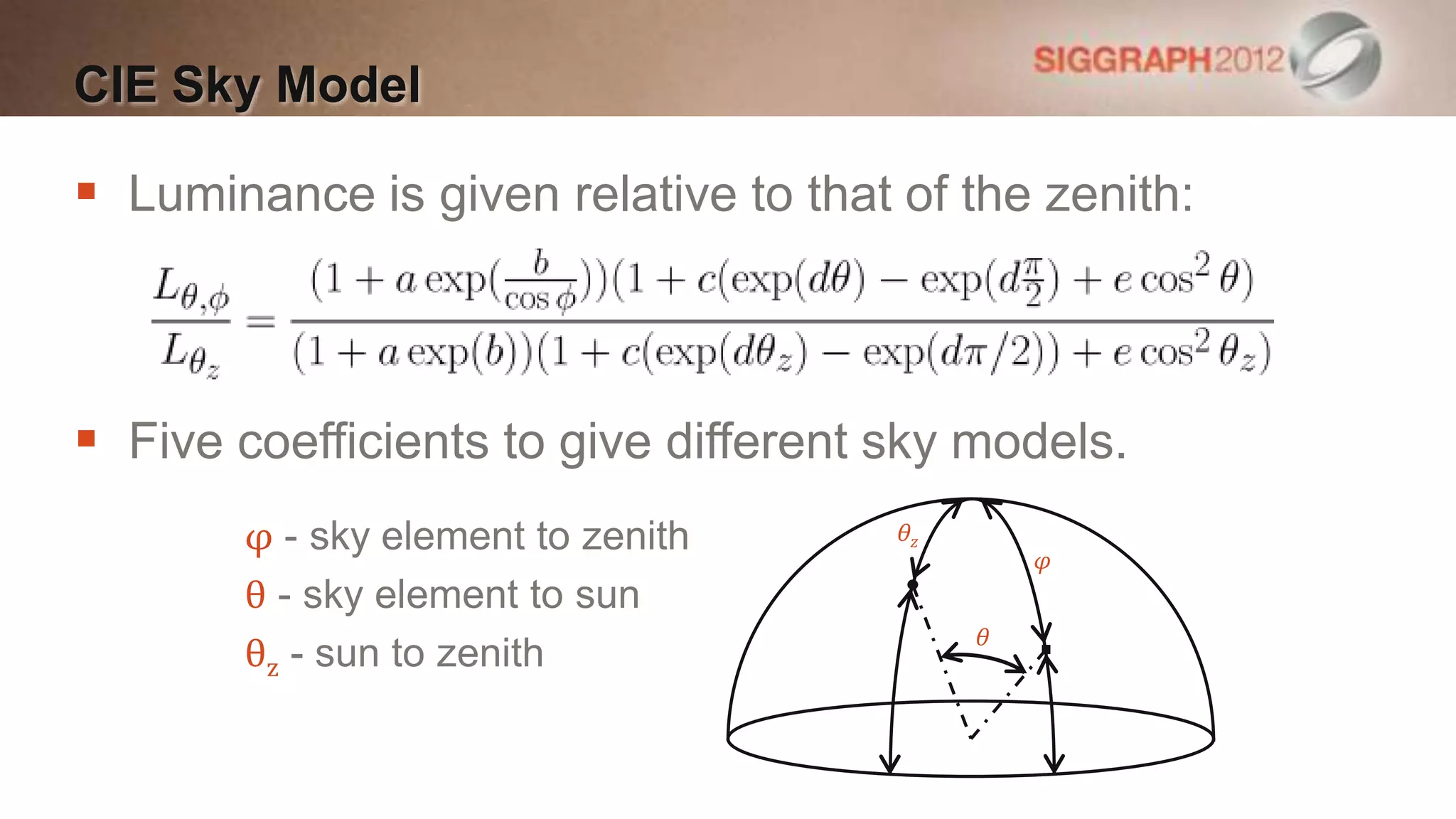 CIE Sky Model

 Luminance is given relative to that of the zenith:



 Five coefficients to give different sky models.
       φ - sky element to zenith      θz
                                               φ
       θ - sky element to sun
                                           θ
       θz - sun to zenith
 