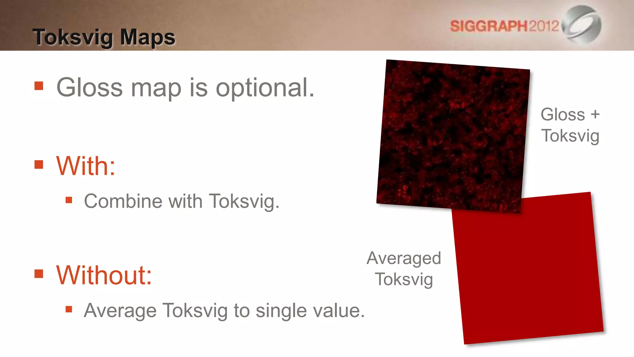 Toksvig Maps

 Gloss map is optional.
                                                  Gloss +
                                                  Toksvig
 With:
   Combine with Toksvig.

                                       Averaged
 Without:                              Toksvig
   Average Toksvig to single value.
 
