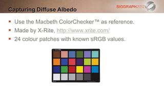 Capturing Diffuse Albedo

 Use the Macbeth ColorChecker™ as reference.
 Made by X-Rite, http://www.xrite.com/
 24 colour patches with known sRGB values.
 