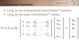 Polynomial Transform

 Let xj be our photographed ColorChecker™ patches.
 Let yj be the target ColorChecker™ values.
 