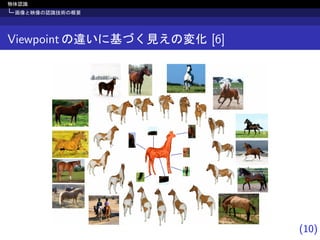 (10)
物体認識
画像と映像の認識技術の概要
Viewpoint の違いに基づく見えの変化 [6]
 