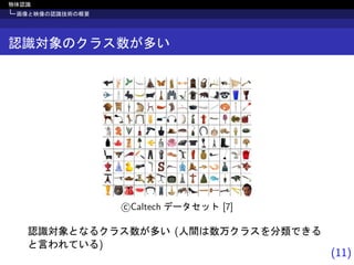 (11)
物体認識
画像と映像の認識技術の概要
認識対象のクラス数が多い
c Caltech データセット [7]
認識対象となるクラス数が多い (人間は数万クラスを分類できる
と言われている)
 