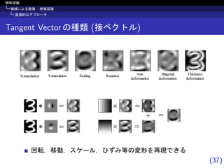 (37)
物体認識
機械による画像 · 映像認識
直接的なアプローチ
Tangent Vector の種類 (接ベクトル)
¤
¥
¦
¦
§
§
¦
¦
¨
©ª«¬­®¯°­«±²® ³ª«¬­®¯°­«±²® ´µ­°±®¶ ·²«­«±²® ¸¹±¯
º»¼²¬½­«±²®
¾±­¶²®­°
º»¼²¬½­«±²®
¿À±µÁ®»¯¯
º»¼²¬½­«±²®
¦
回転，移動，スケール，ひずみ等の変形を再現できる
 