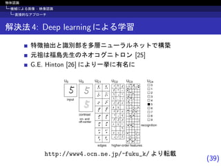 (39)
物体認識
機械による画像 · 映像認識
直接的なアプローチ
解決法 4: Deep learning による学習
特徴抽出と識別部を多層ニューラルネットで構築
元祖は福島先生のネオコグニトロン [25]
G.E. Hinton [26] により一挙に有名に
http://www4.ocn.ne.jp/~fuku_k/ より転載
 